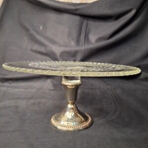 Vintage Glass Cake Stand Sunburst Pattern Beaded Rim Silver Pedestal Base 10.5"